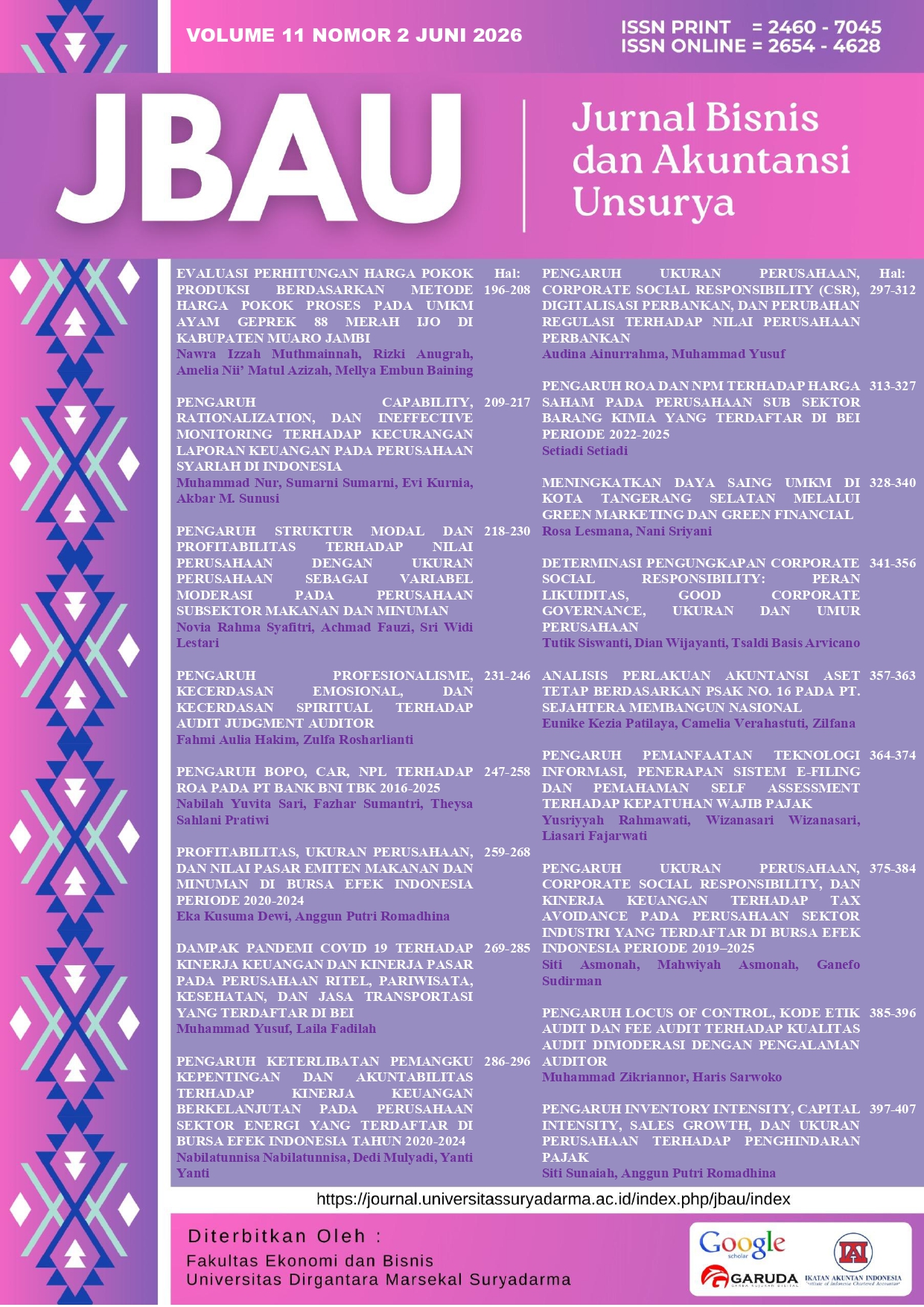 					View Vol. 11 No. 2 (2026): Jurnal Bisnis dan Akuntansi Unsurya
				